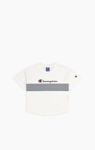 Champion Stripe Logo Scrip Curved Cropped Tee WHIT