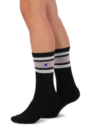 Champion Stripe Ribbed Crew Socks-BLACK/PINK/WHT