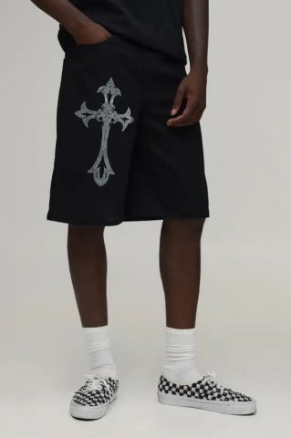 Pantalon corto con cruz de pedrería - NEGRO